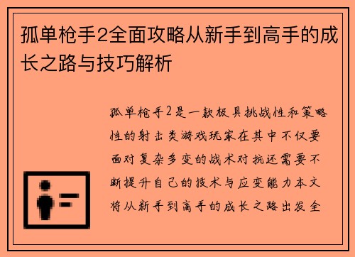 孤单枪手2全面攻略从新手到高手的成长之路与技巧解析